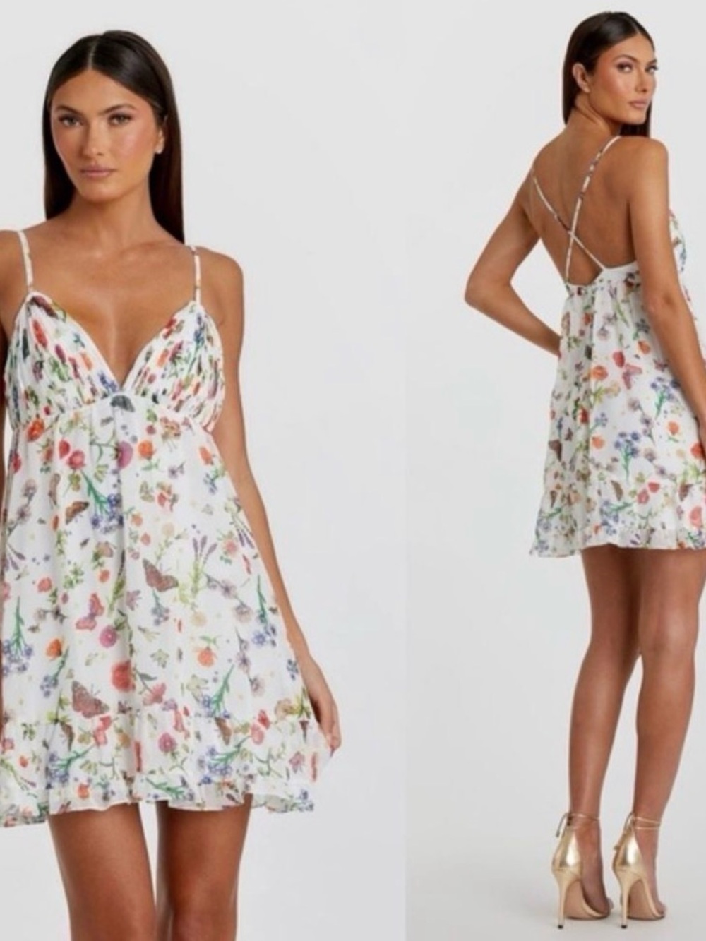 White Floral Mini Dress with Spaghetti Straps and Crisscross Back